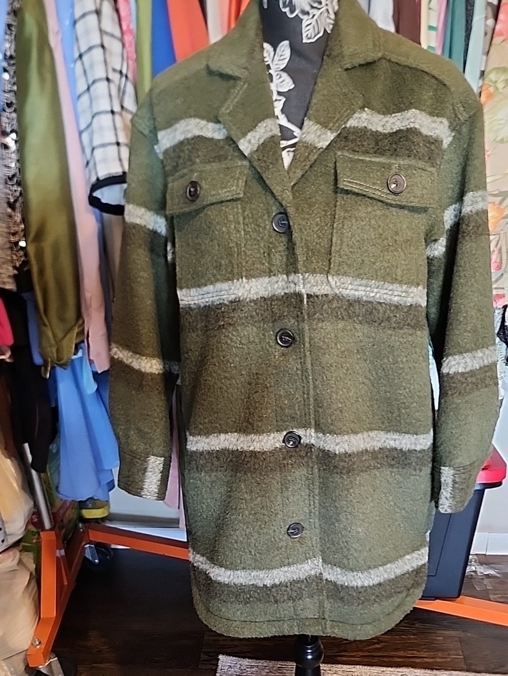 Old Navy Olive Green Striped Pea Coat